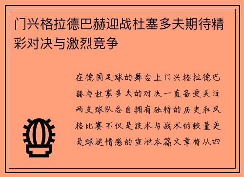 门兴格拉德巴赫迎战杜塞多夫期待精彩对决与激烈竞争